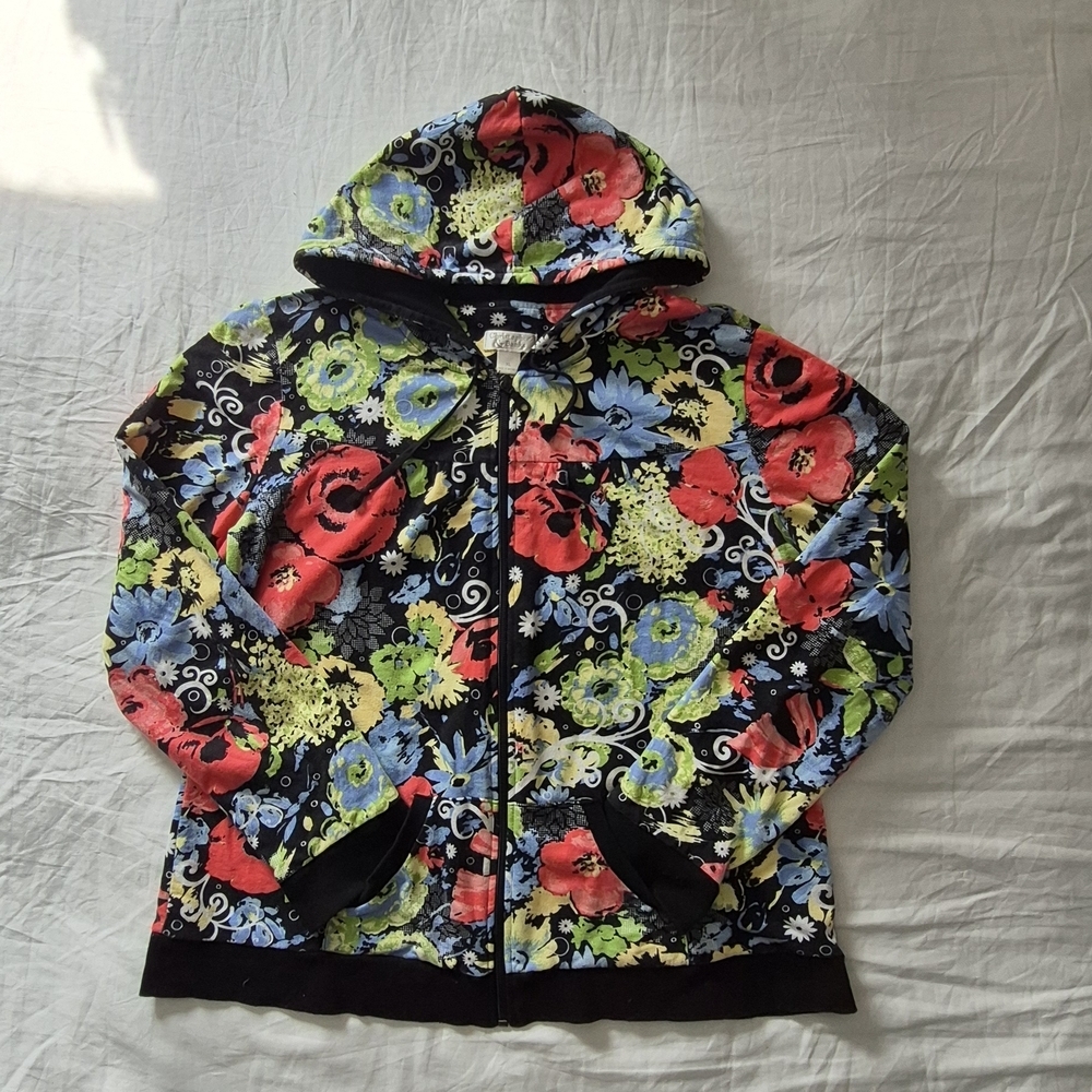 Christopher & Banks Floral Zip Hoodie - Black with Red, Blue & Green